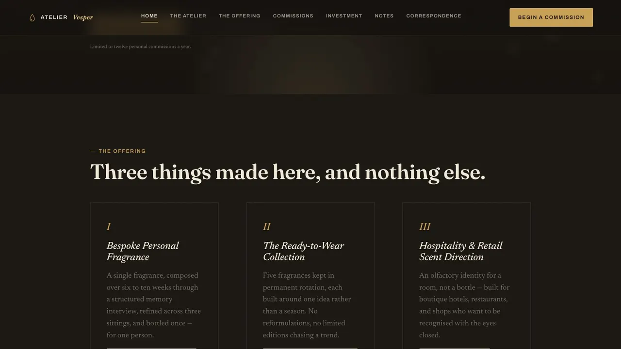 A section further down the ATELIER VESPER fashion website on a desktop screen