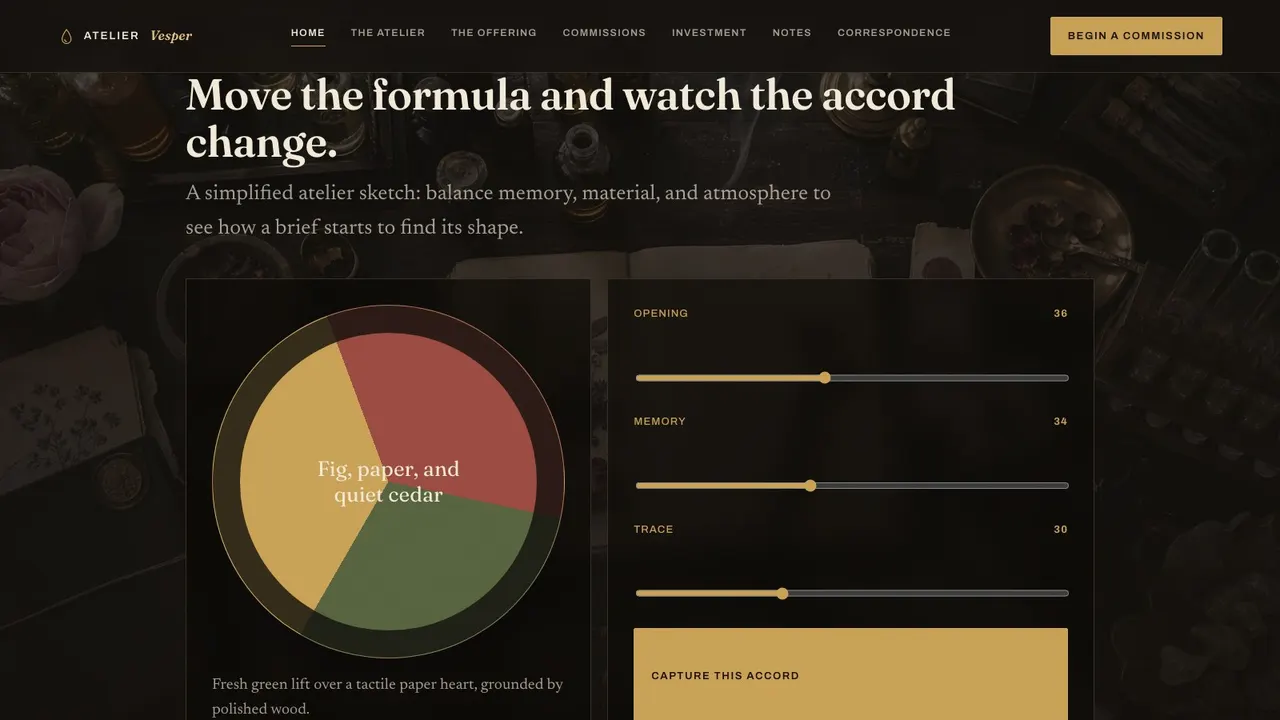 A deeper section of the ATELIER VESPER fashion website on a desktop screen