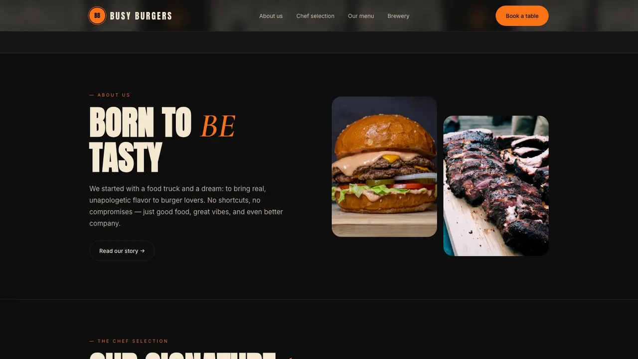 A section further down the BUSY BURGERS restaurant website on a desktop screen