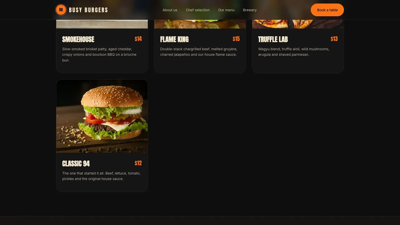 A deeper section of the BUSY BURGERS restaurant website on a desktop screen