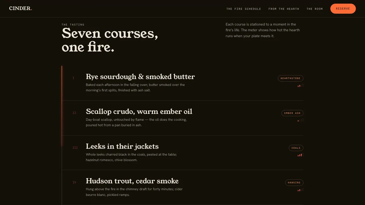 A section further down the CINDER restaurant website on a desktop screen
