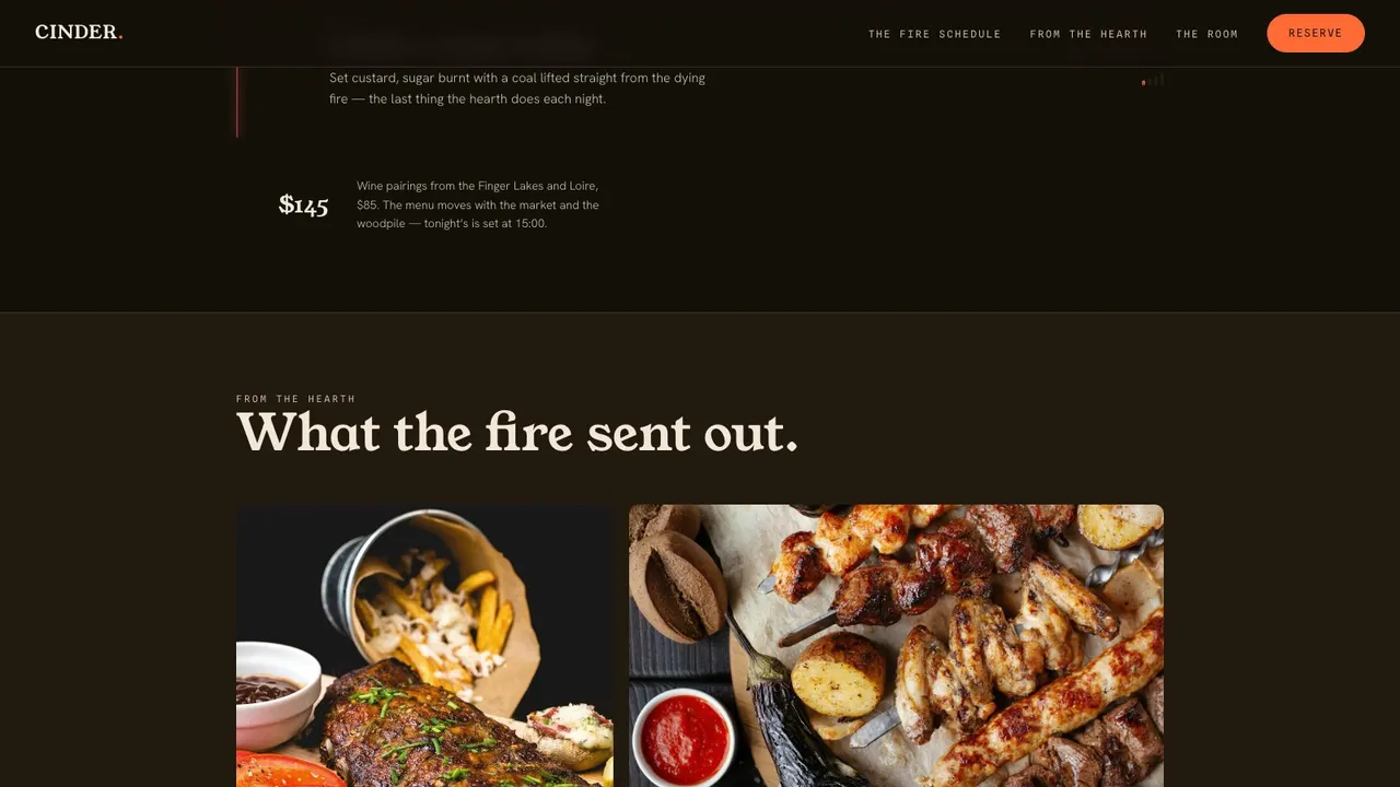A deeper section of the CINDER restaurant website on a desktop screen