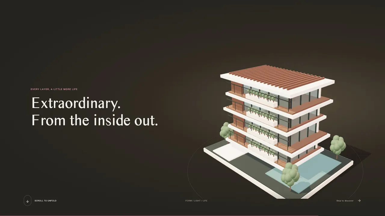 A section of the DWELLORA real estate website showing a 3D building with the headline Extraordinary. From the inside out.