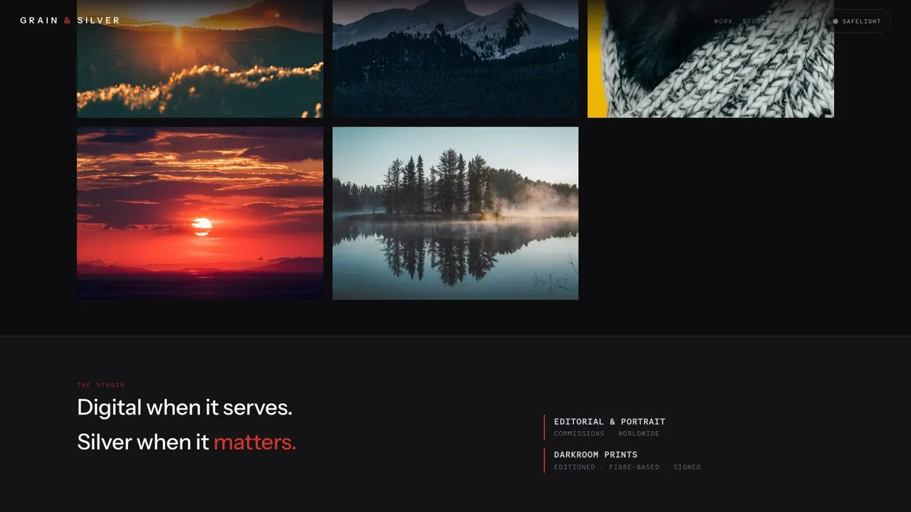 A deeper section of the GRAIN & SILVER photography website on a desktop screen