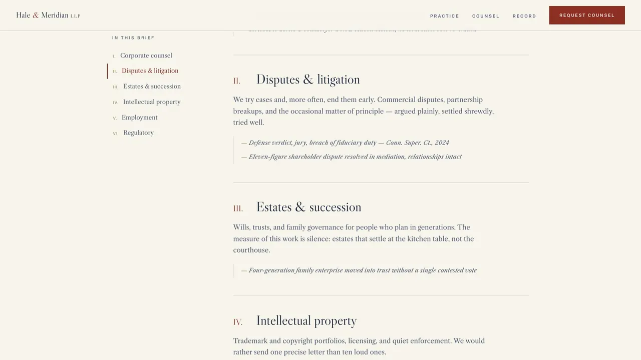 A section further down the HALE & MERIDIAN legal website on a desktop screen