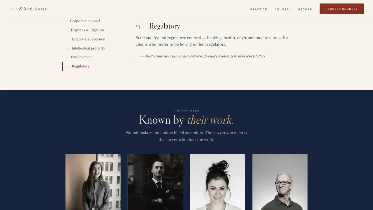 A deeper section of the HALE & MERIDIAN legal website on a desktop screen