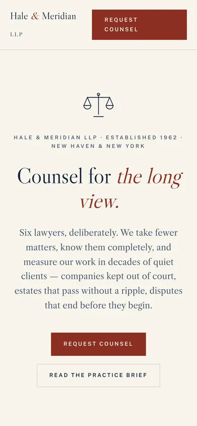 The HALE & MERIDIAN legal website on a phone