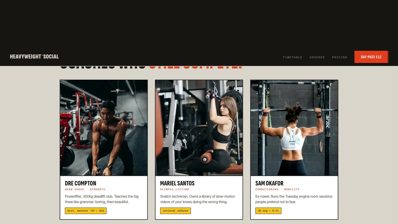 A deeper section of the HEAVYWEIGHT SOCIAL fitness website on a desktop screen
