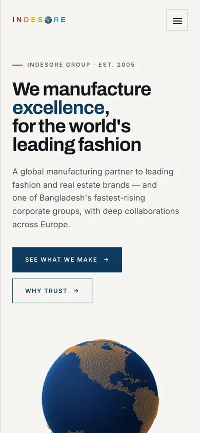 The INDESORE GROUP manufacturing website on a phone