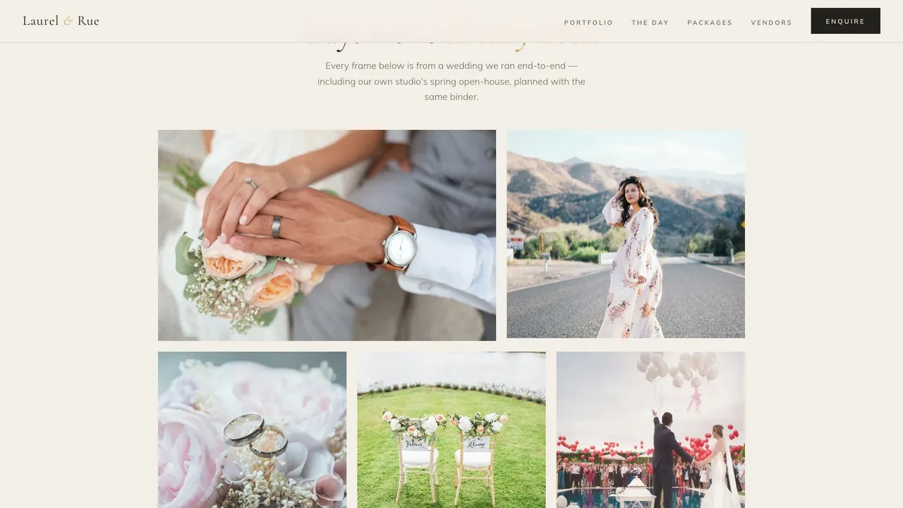 A section further down the LAUREL & RUE events website on a desktop screen