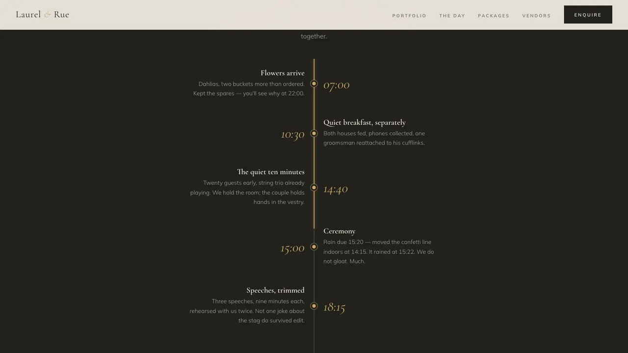 A deeper section of the LAUREL & RUE events website on a desktop screen