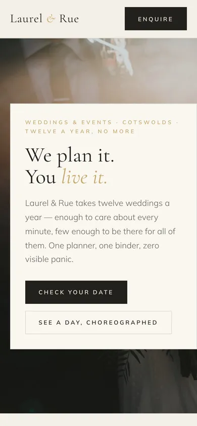 The LAUREL & RUE events website on a phone