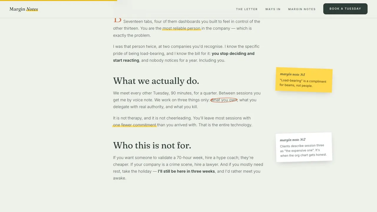A section further down the MARGIN NOTES coaching website on a desktop screen