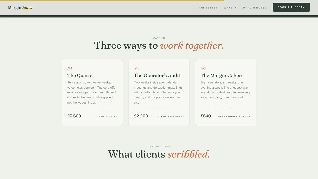 A deeper section of the MARGIN NOTES coaching website on a desktop screen