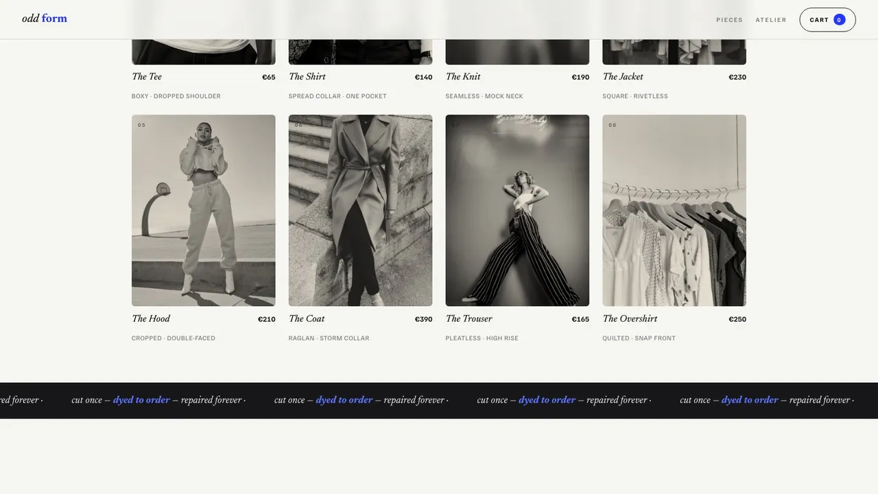 A section further down the ODD FORM fashion website on a desktop screen