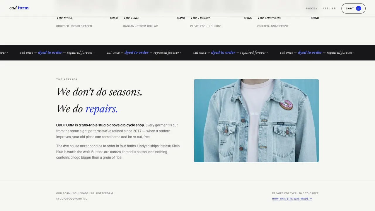 A deeper section of the ODD FORM fashion website on a desktop screen
