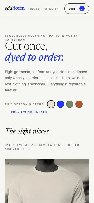 The ODD FORM fashion website on a phone