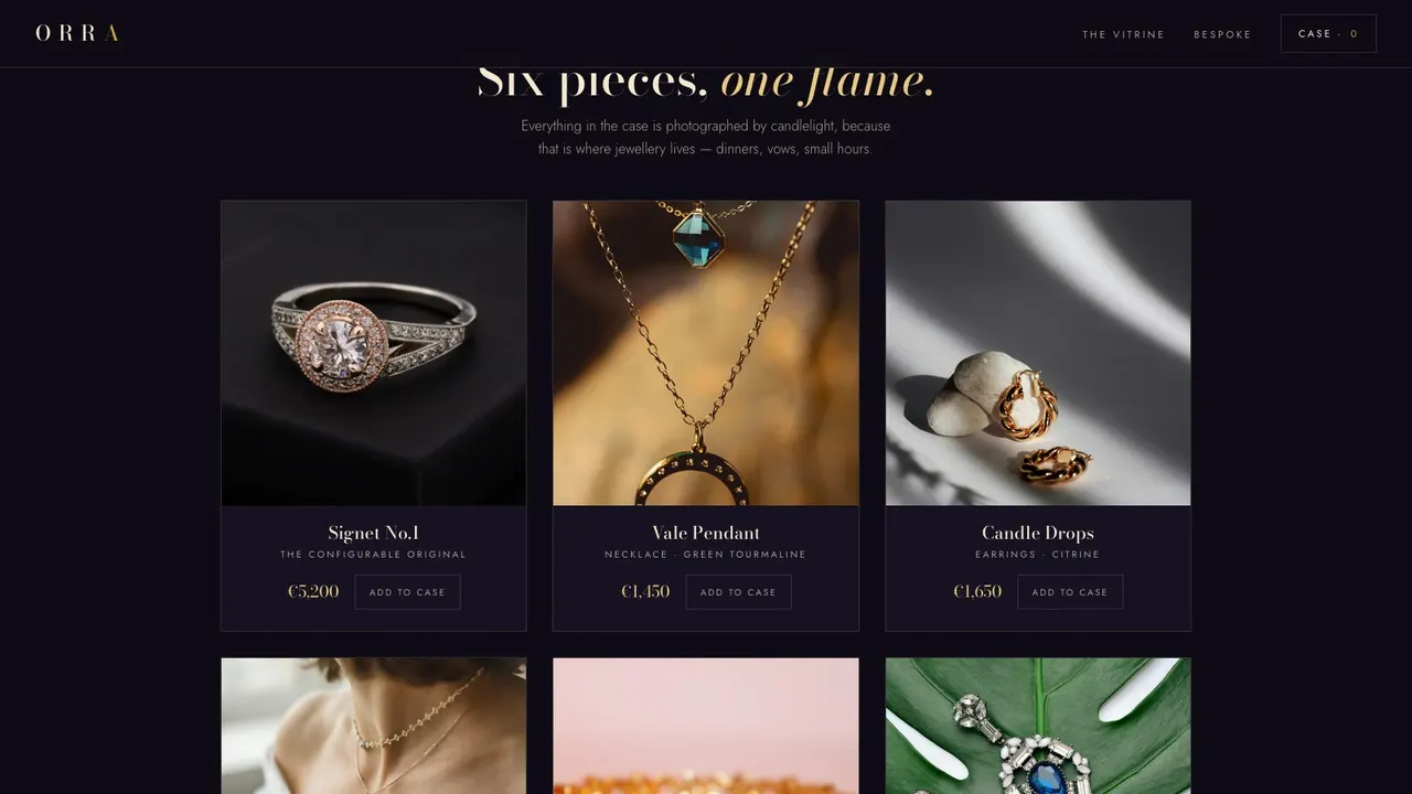 A section further down the ORRA e-commerce website on a desktop screen