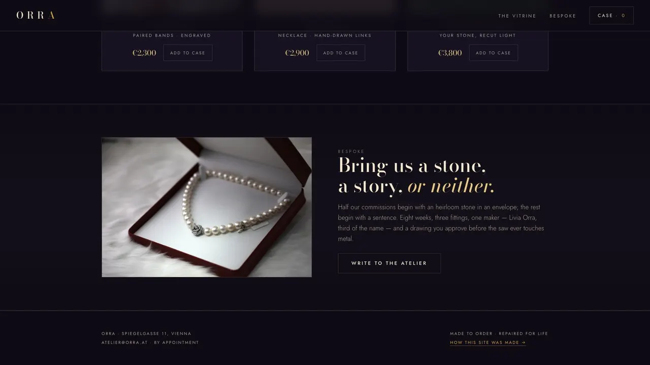 A deeper section of the ORRA e-commerce website on a desktop screen