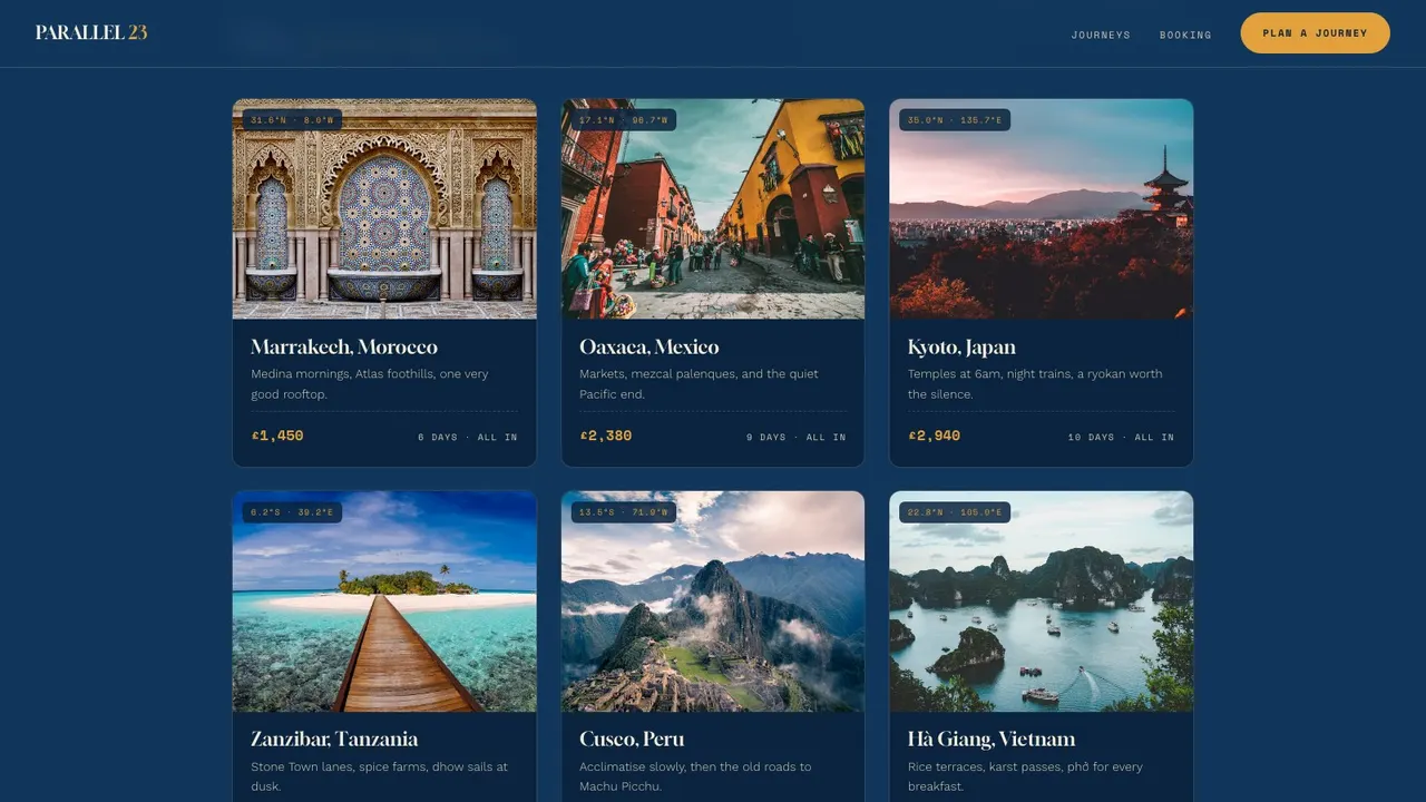 A section further down the PARALLEL 23 travel website on a desktop screen