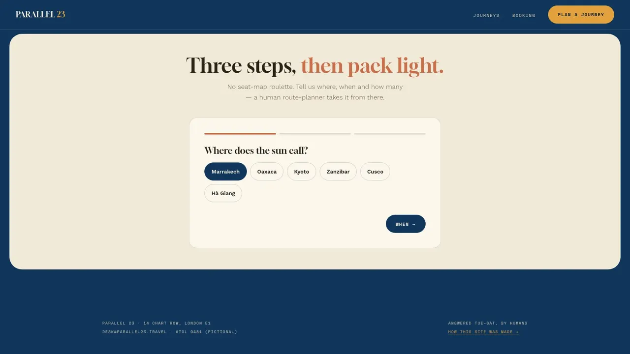 A deeper section of the PARALLEL 23 travel website on a desktop screen