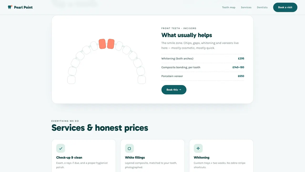 A section further down the PEARL POINT healthcare website on a desktop screen
