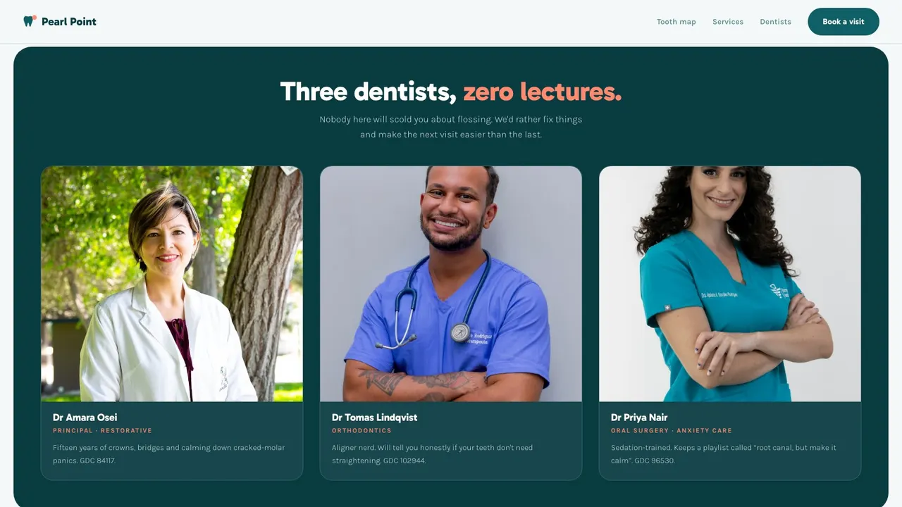 A deeper section of the PEARL POINT healthcare website on a desktop screen