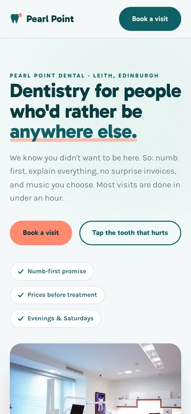 The PEARL POINT healthcare website on a phone