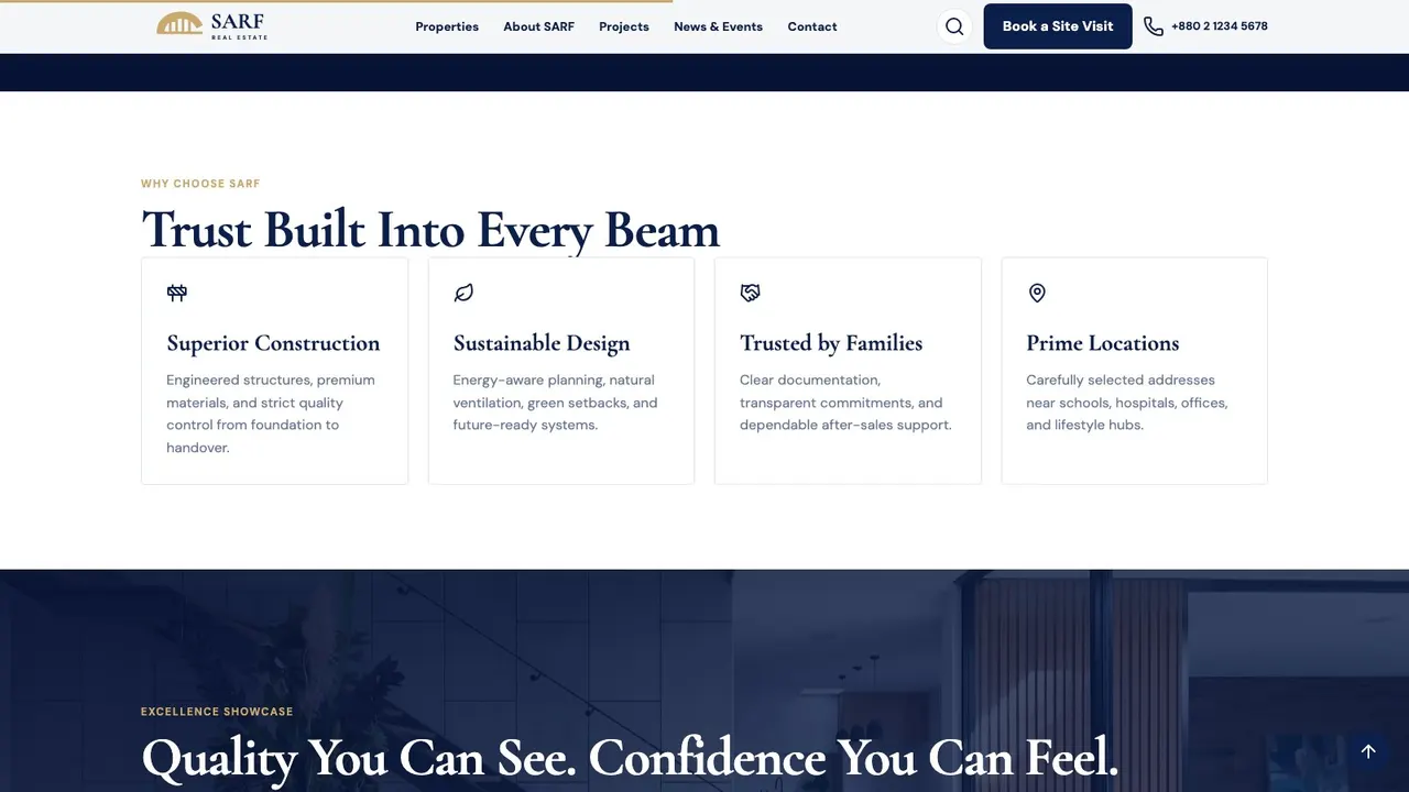 A deeper section of the SARF REAL ESTATE real estate website on a desktop screen