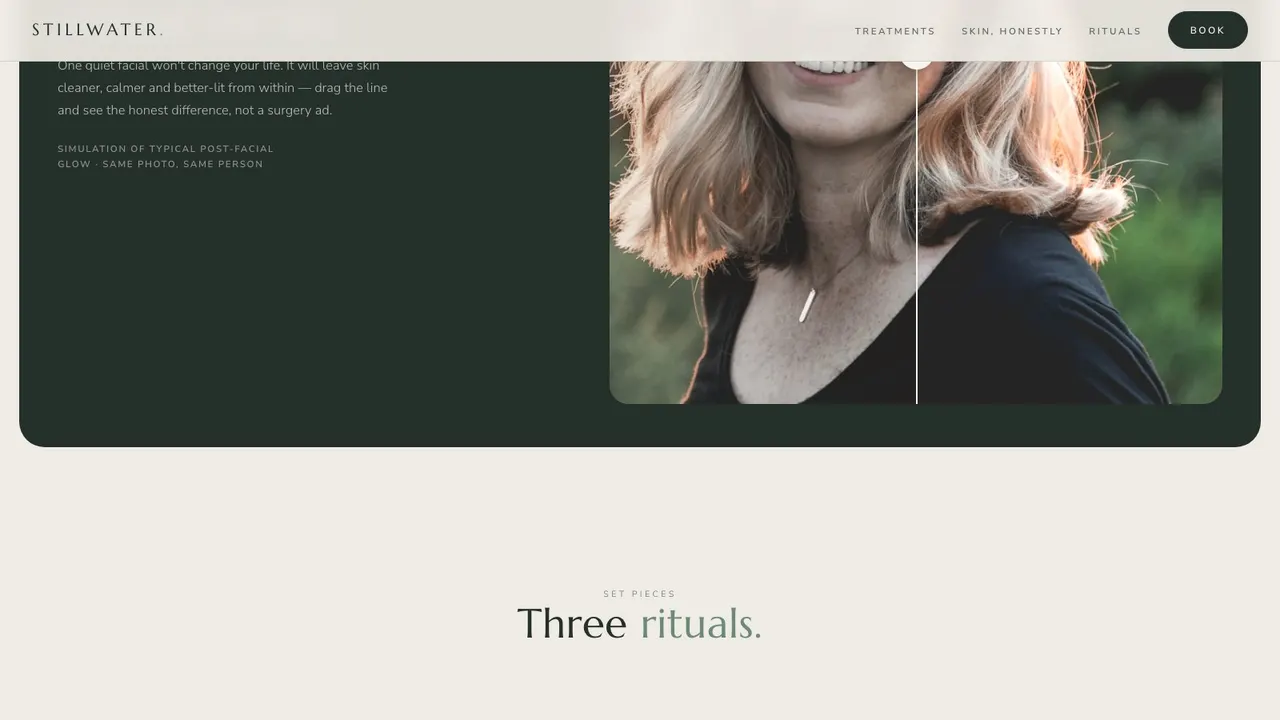 A deeper section of the STILLWATER wellness website on a desktop screen