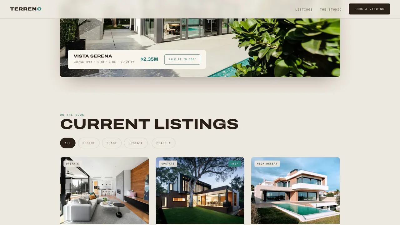 A section further down the TERRENO real estate website on a desktop screen