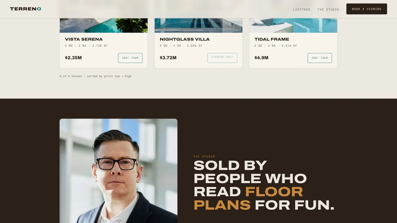 A deeper section of the TERRENO real estate website on a desktop screen