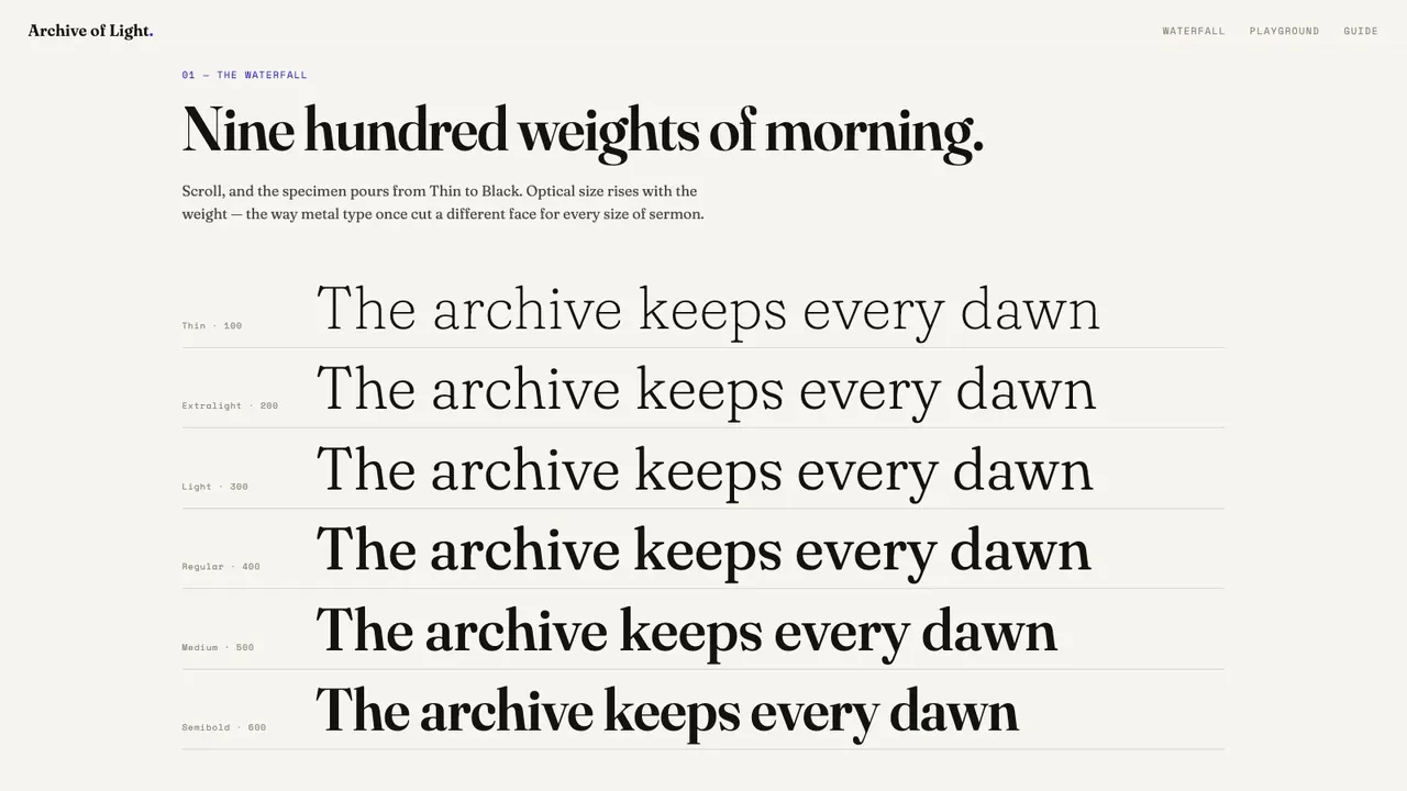 A section further down the ARCHIVE OF LIGHT variable-font specimen website concept on a desktop screen