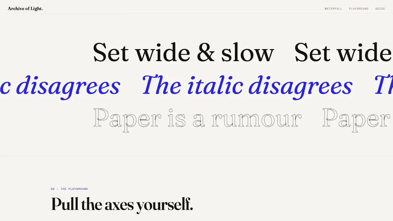 A deeper section of the ARCHIVE OF LIGHT variable-font specimen website concept on a desktop screen