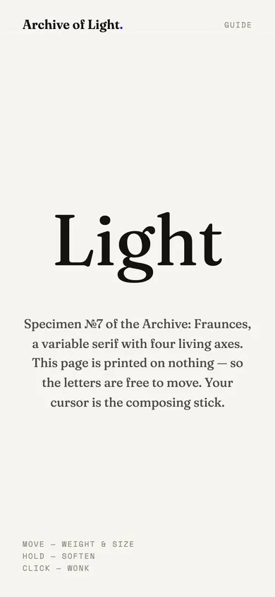 The ARCHIVE OF LIGHT variable-font specimen website concept on a phone