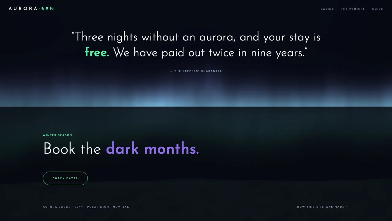 A deeper section of the AURORA arctic sky lodge website concept on a desktop screen