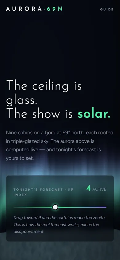 The AURORA arctic sky lodge website concept on a phone