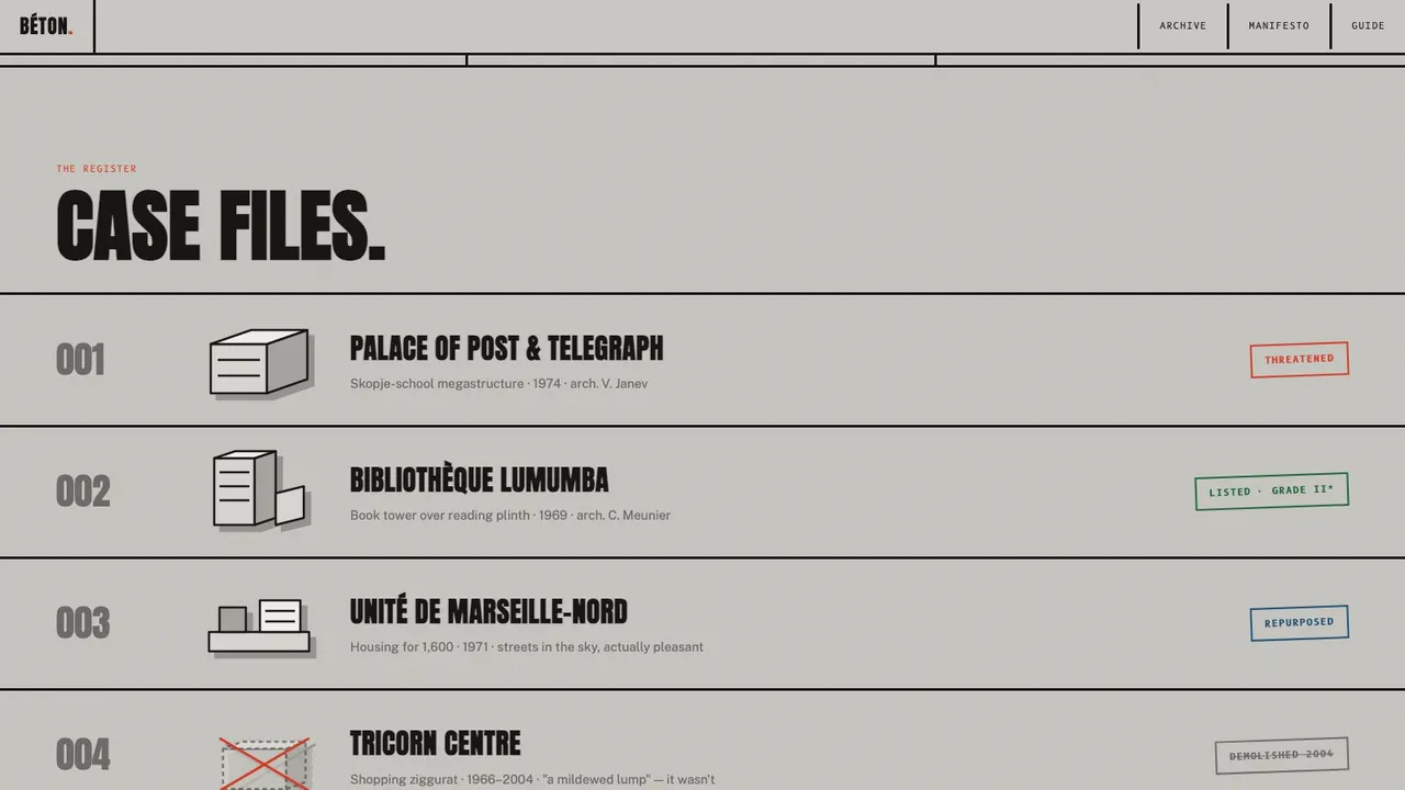 A section further down the BÉTON brutalist archive website concept on a desktop screen