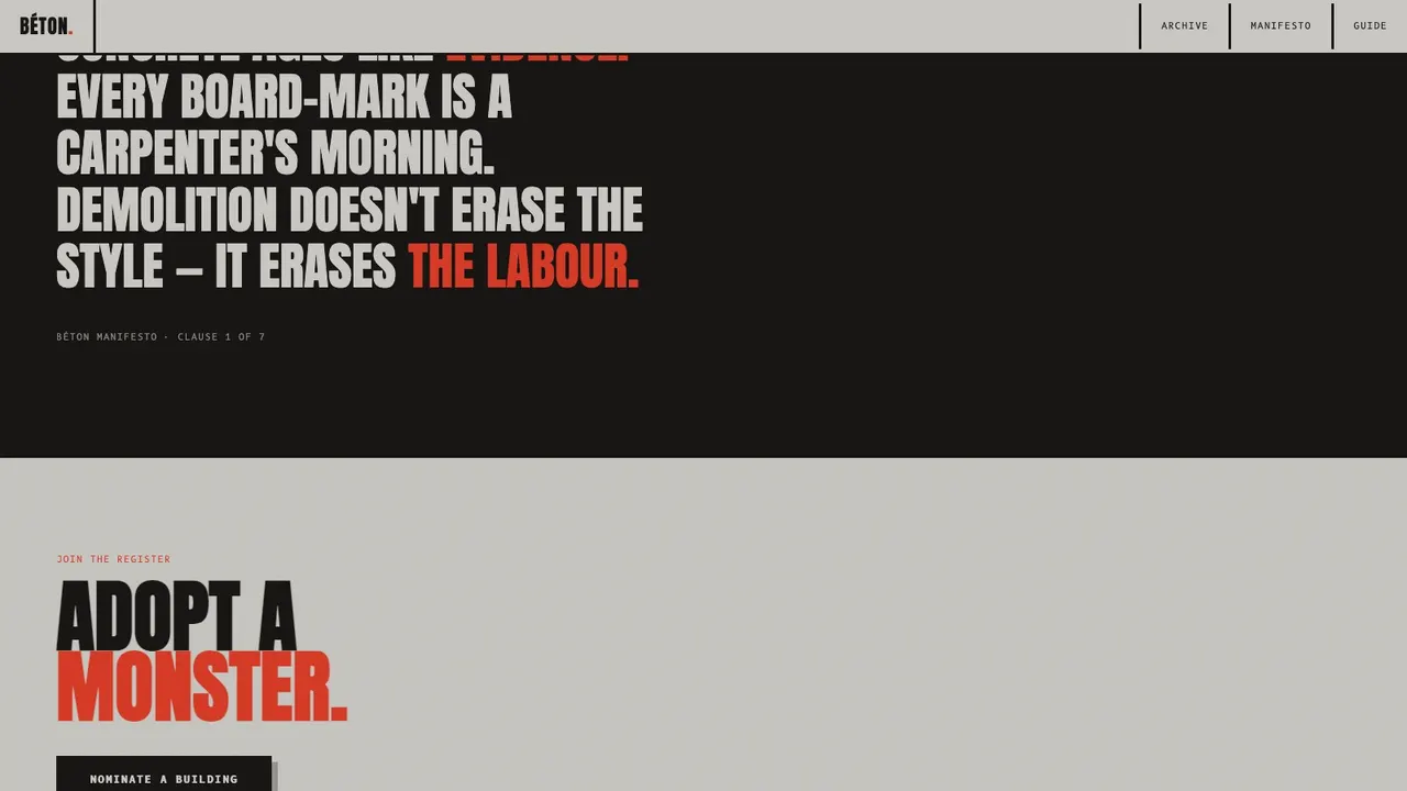 A deeper section of the BÉTON brutalist archive website concept on a desktop screen