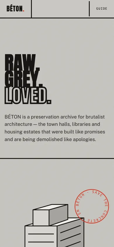 The BÉTON brutalist archive website concept on a phone