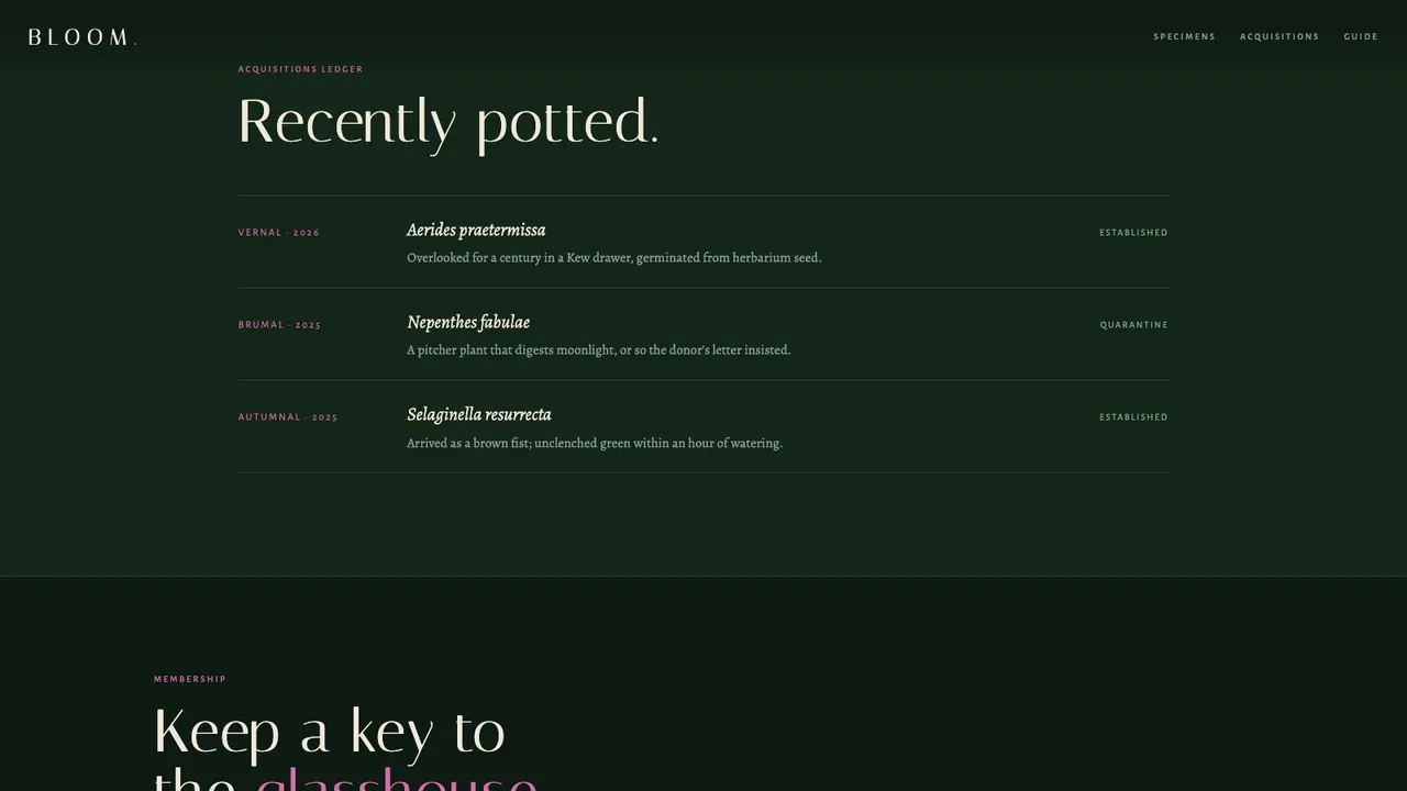 A deeper section of the BLOOM night conservatory website concept on a desktop screen