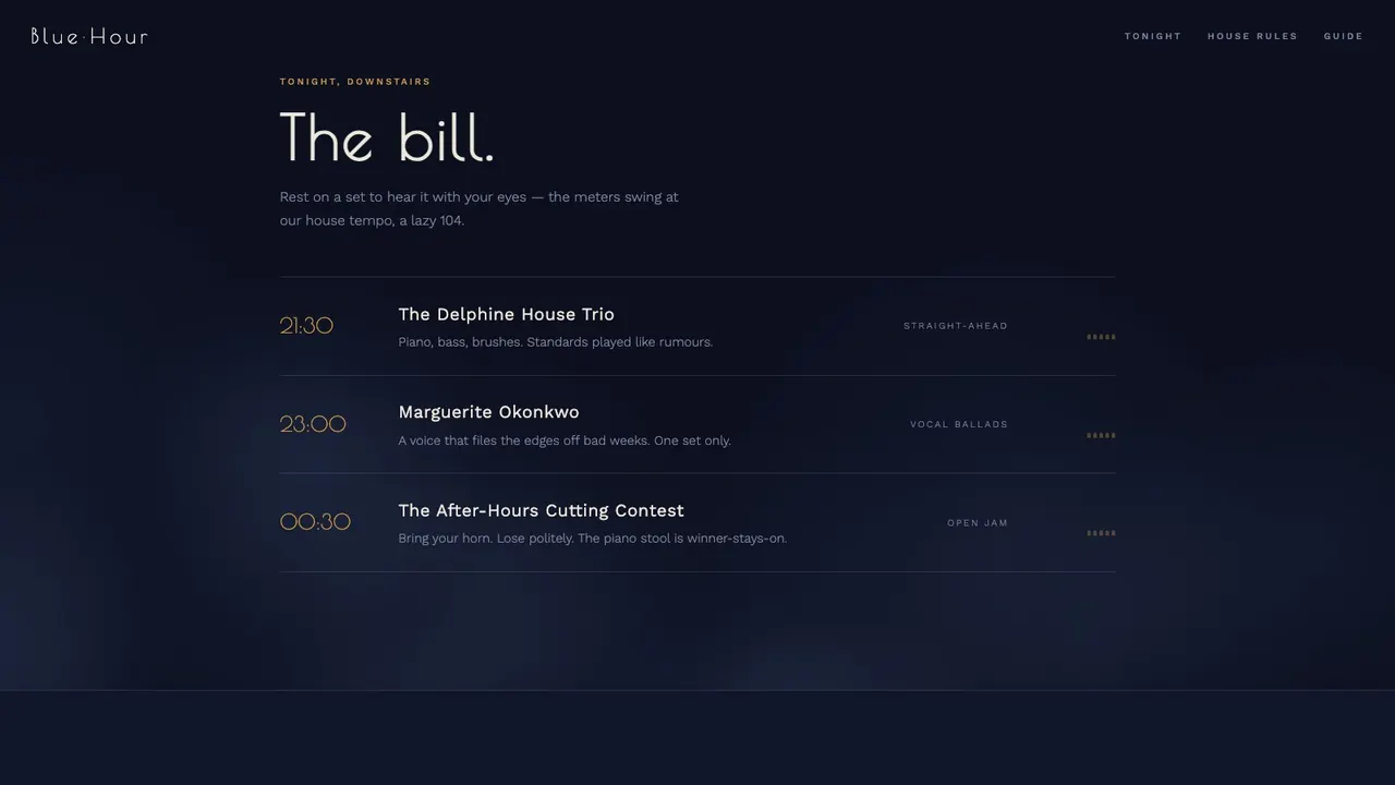 A section further down the BLUE HOUR cellar jazz club website concept on a desktop screen