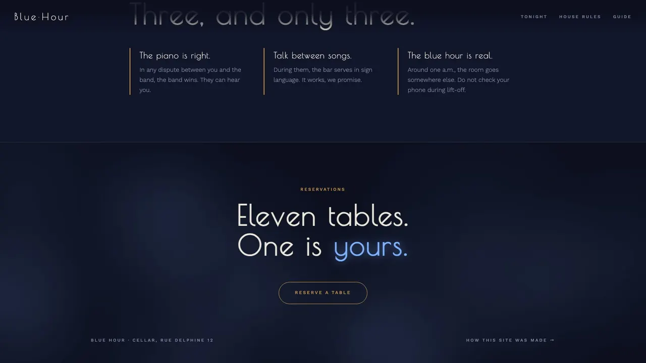 A deeper section of the BLUE HOUR cellar jazz club website concept on a desktop screen