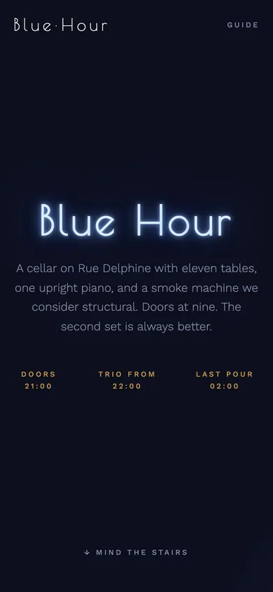 The BLUE HOUR cellar jazz club website concept on a phone