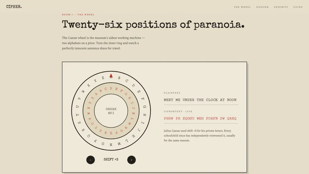 A section further down the CIPHER cryptography museum website concept on a desktop screen