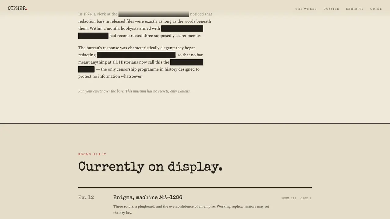 A deeper section of the CIPHER cryptography museum website concept on a desktop screen