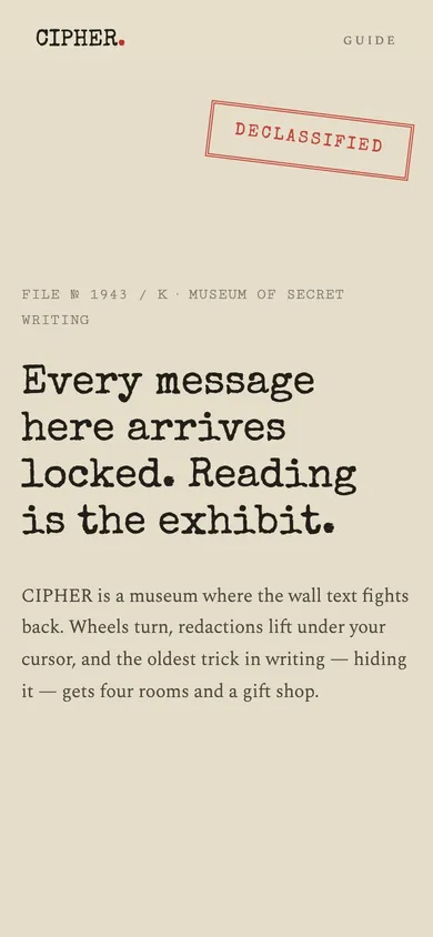 The CIPHER cryptography museum website concept on a phone
