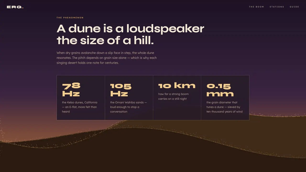 A section further down the ERG desert acoustics station website concept on a desktop screen