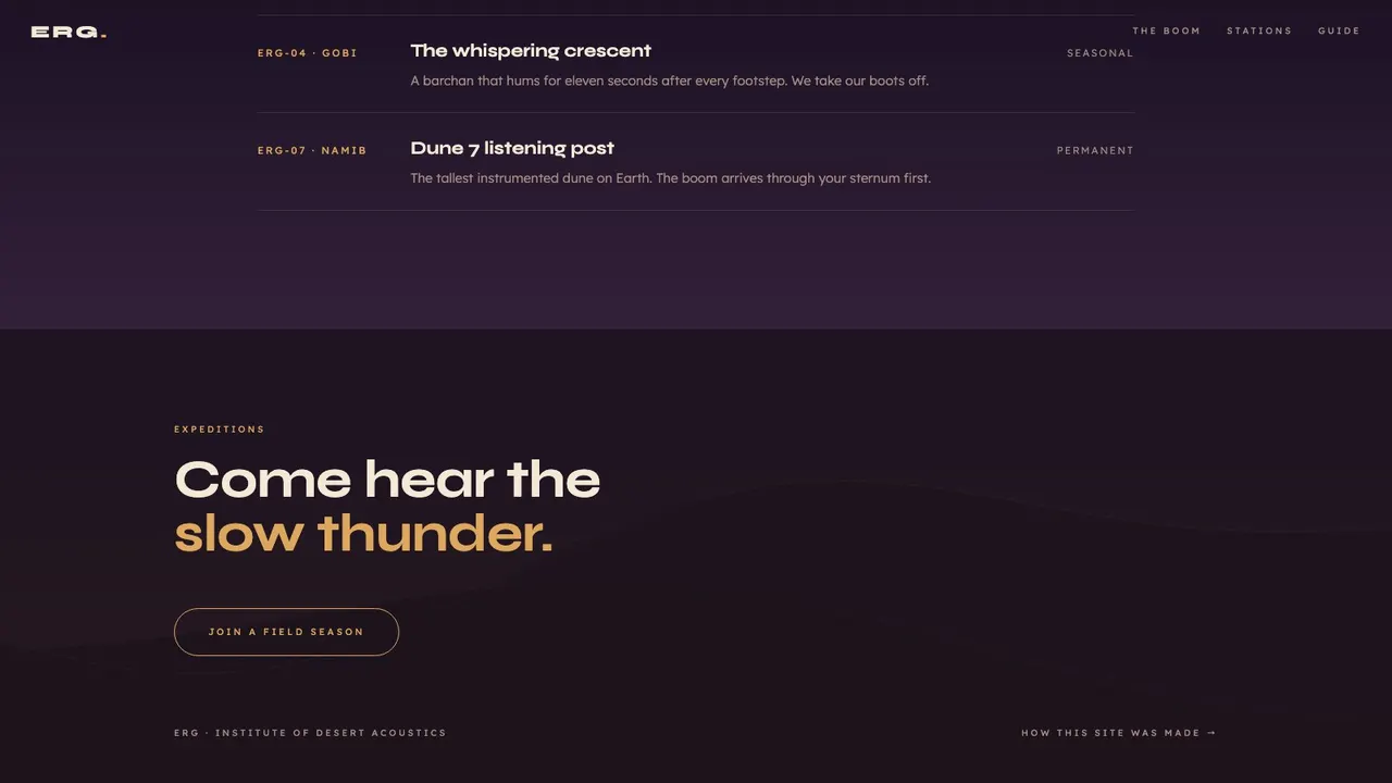 A deeper section of the ERG desert acoustics station website concept on a desktop screen