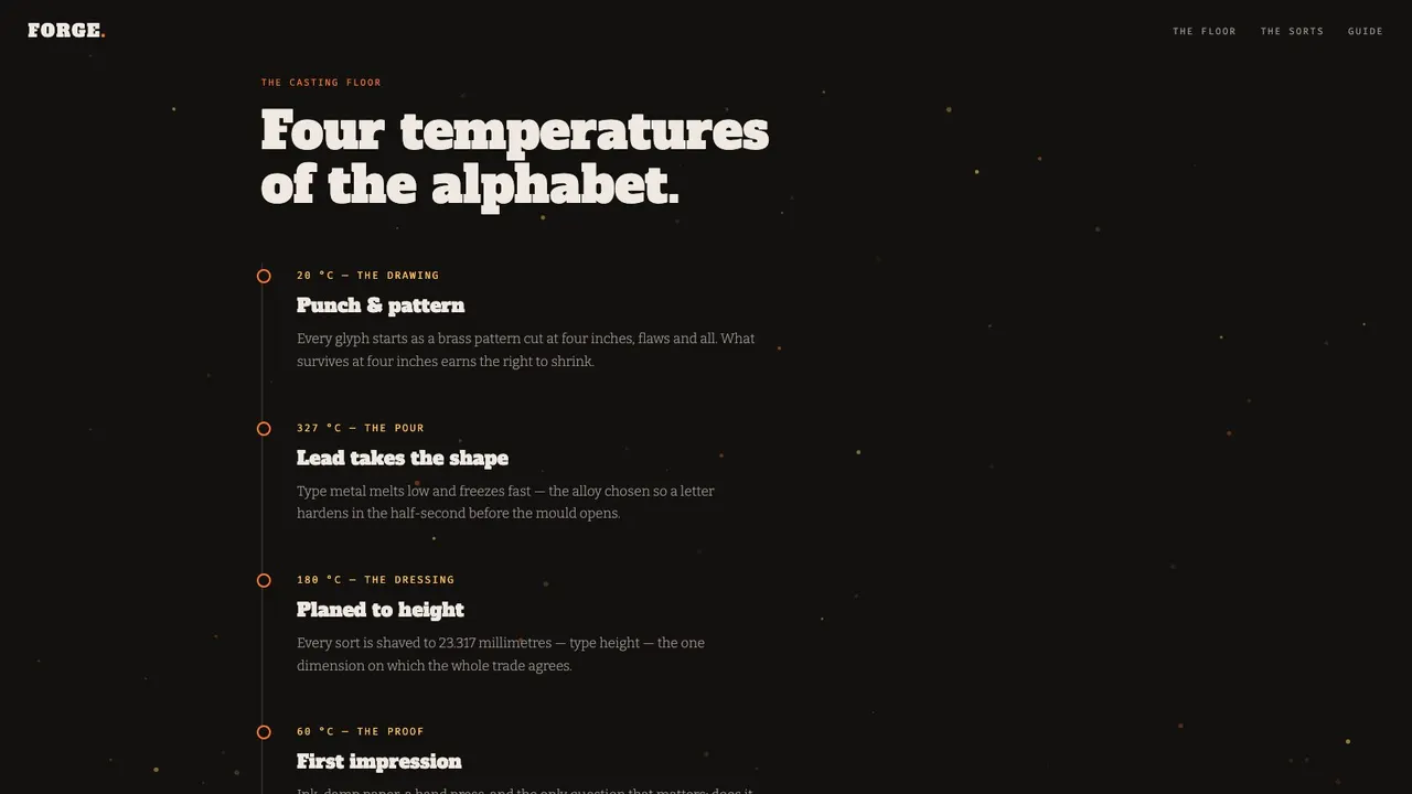A section further down the FORGE metal type foundry website concept on a desktop screen